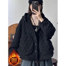 一线大牌尾货剪标时尚菱形格连帽夹棉外套女冬复古大口袋休闲棉服