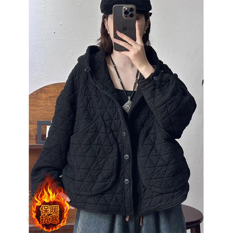 一线大牌尾货剪标时尚菱形格连帽夹棉外套女冬复古大口袋休闲棉服