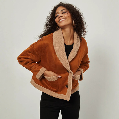 Women's winter collared leather and fur lined loose warm thick insulated coat top