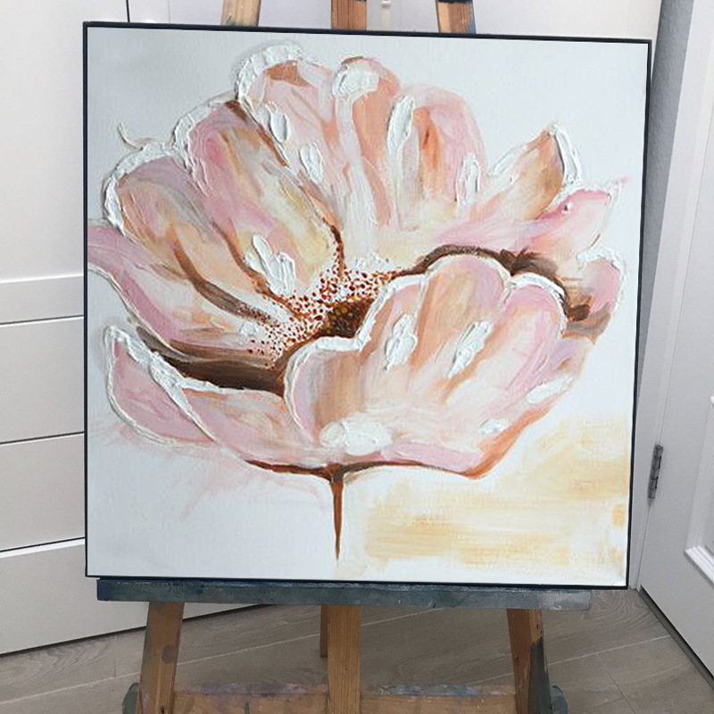 花卉装饰画手绘油画卧室床头温馨粉色挂画批发手工石英砂肌理刀画