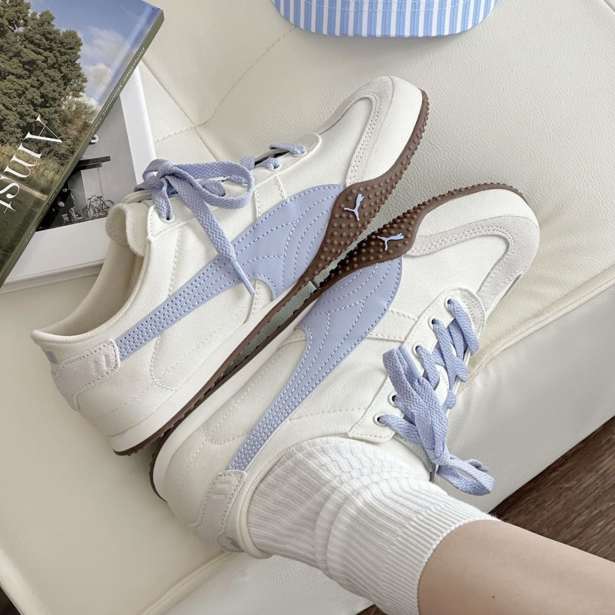 Pure Original Park Chae-Young Pm Racing Dm001 Canvas White Light Blue Unisex Couple Ins High-Value Versatile Casual Sneakers