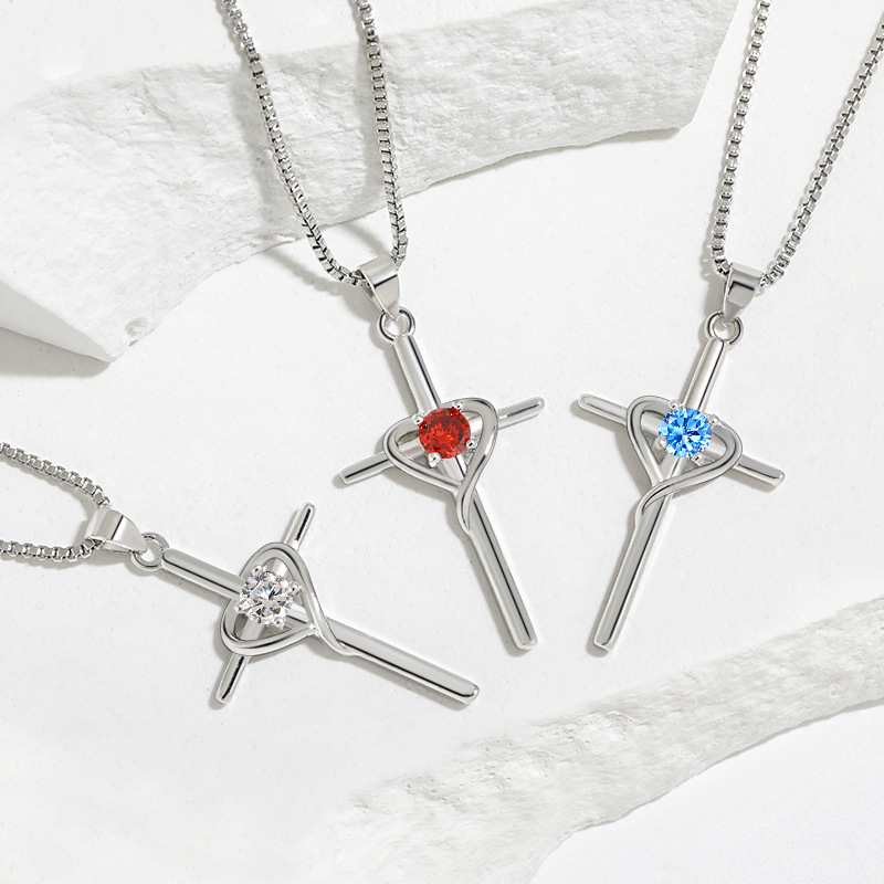 Heart shaped Twelve Constellations Stone Lock Bone Chain Cold Wind Faith Cross Necklace_voghion.com