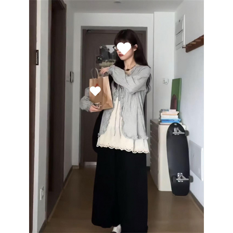 2025年夏季新款韩穿搭套装女复古格子系带罩衫吊带休闲裤三件套潮|undefined