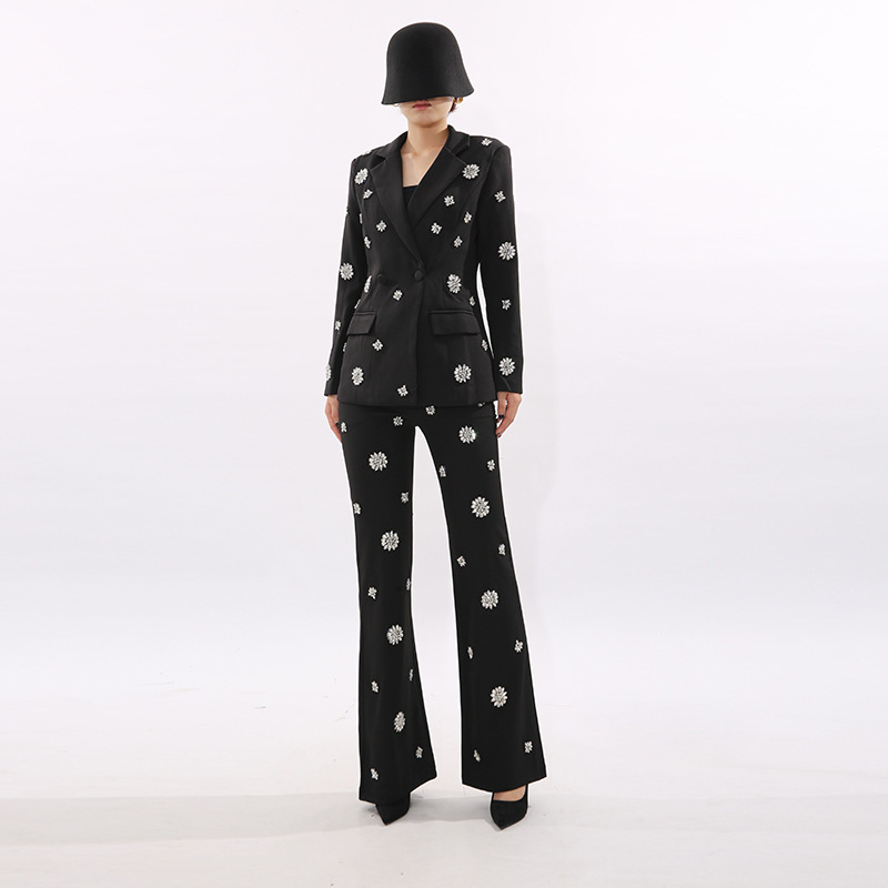 French-Style Elegant Rhinestone-Embellished Waist-Cinching Suit 2026 Summer New High-End Wide-Leg Slimming Suit Pants Set for Women