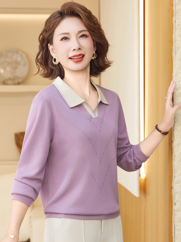 中年妈妈装秋装翻领T恤2025新款中老年女装衬衫洋气显瘦针织上衣|undefined