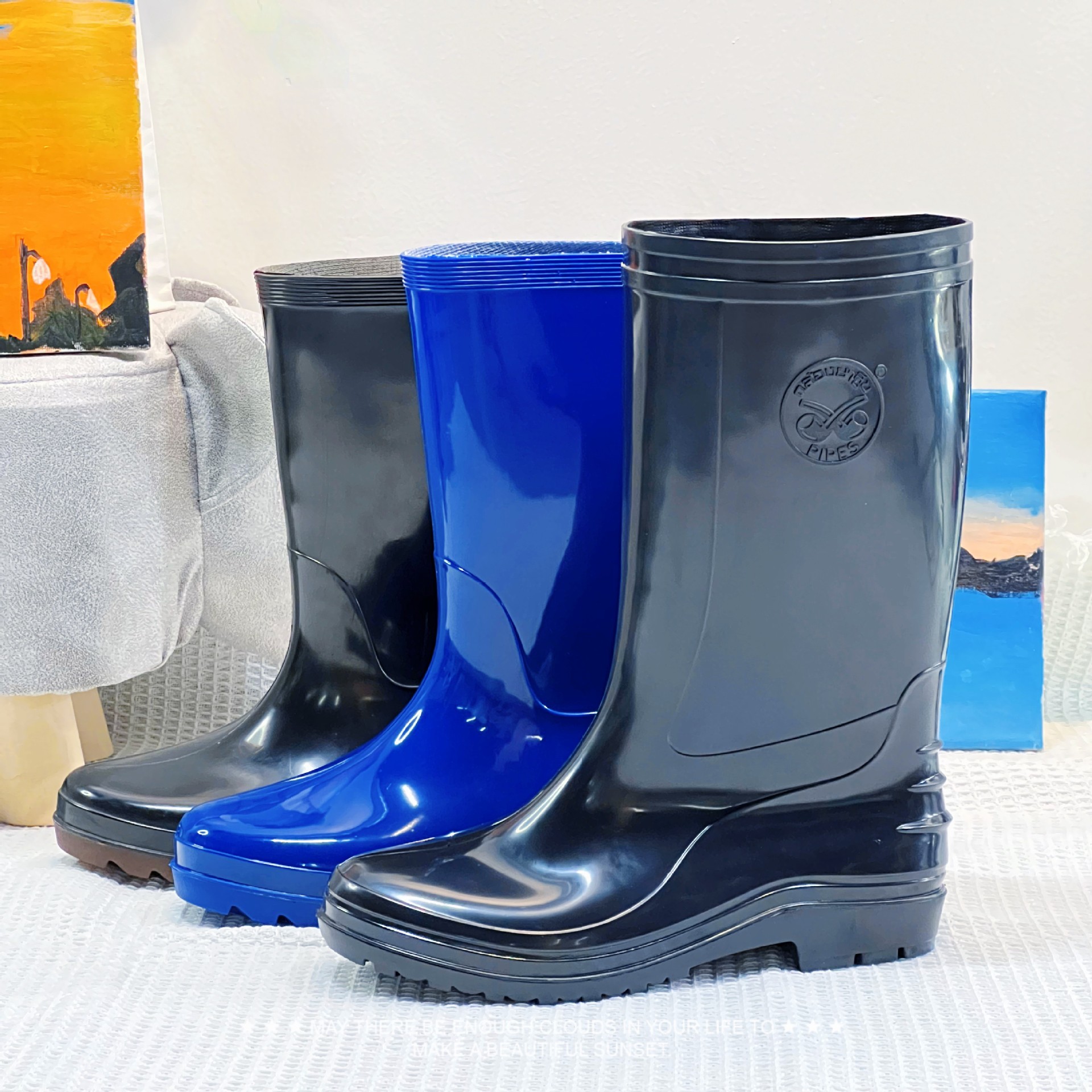 Customized export men's mid-calf black rain boots foreign trade pvc…