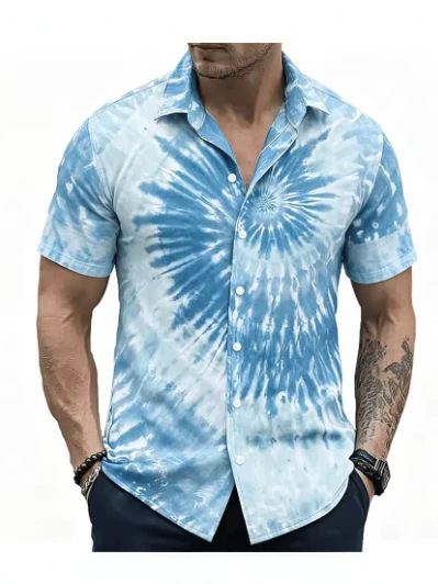 2026 Men's Neon Lightning Spiral Print Short Sleeve Shirt, Vintage Psychedelic Button Down Shirt, Spring and Summer Short Sleeve