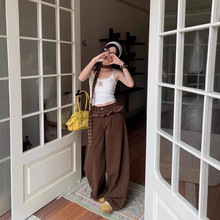 格子花边绑带高腰阔腿牛仔裤女宽松牛仔阔腿裤女垂感裤子女款秋