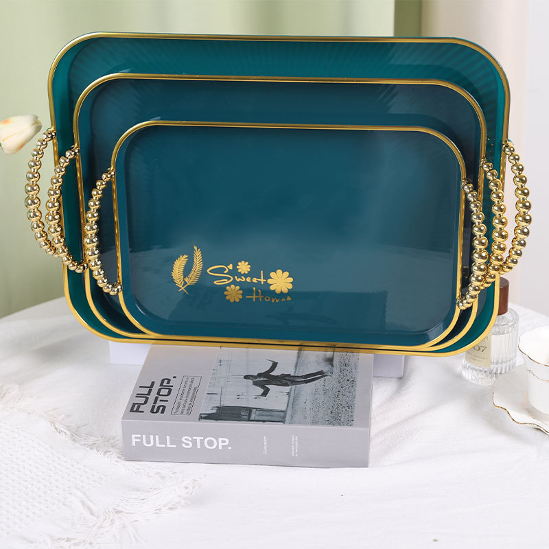 长方形绿金轻奢双耳托盘家用放茶杯网红茶盘客厅水杯水果盘收纳盘