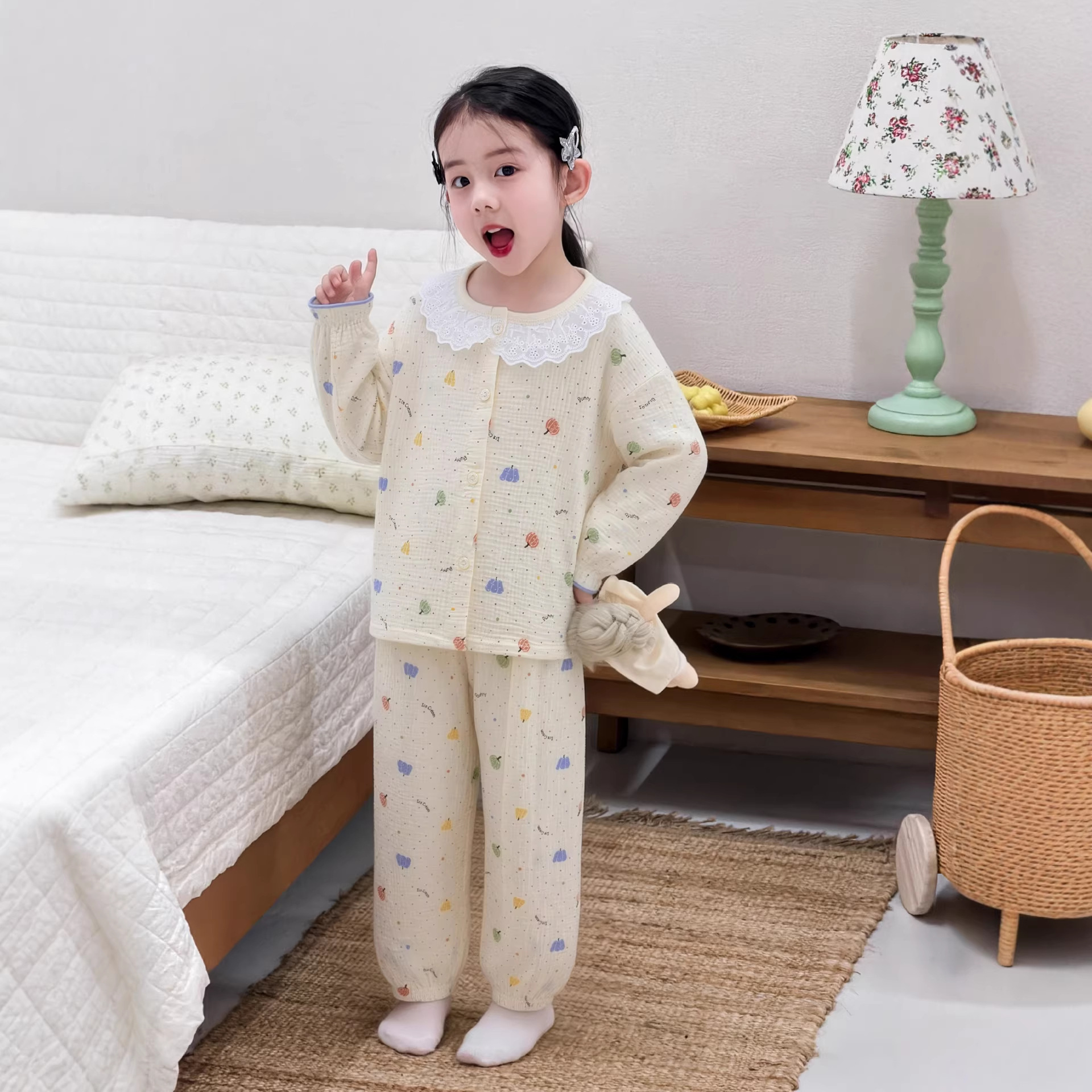 Double-Layer Cotton Gauze Children's Pajama Set for Girls, Lace Homewear, Pure Cotton Printed Cardigan Two-Piece Loose Fit Manufacturer