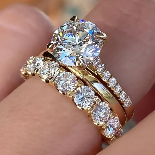 Cao Shi European and American Export Elegant Ring Three-Piece Set with Zircon Elegant Diamond Ring Wedding Party Matchinging Ring