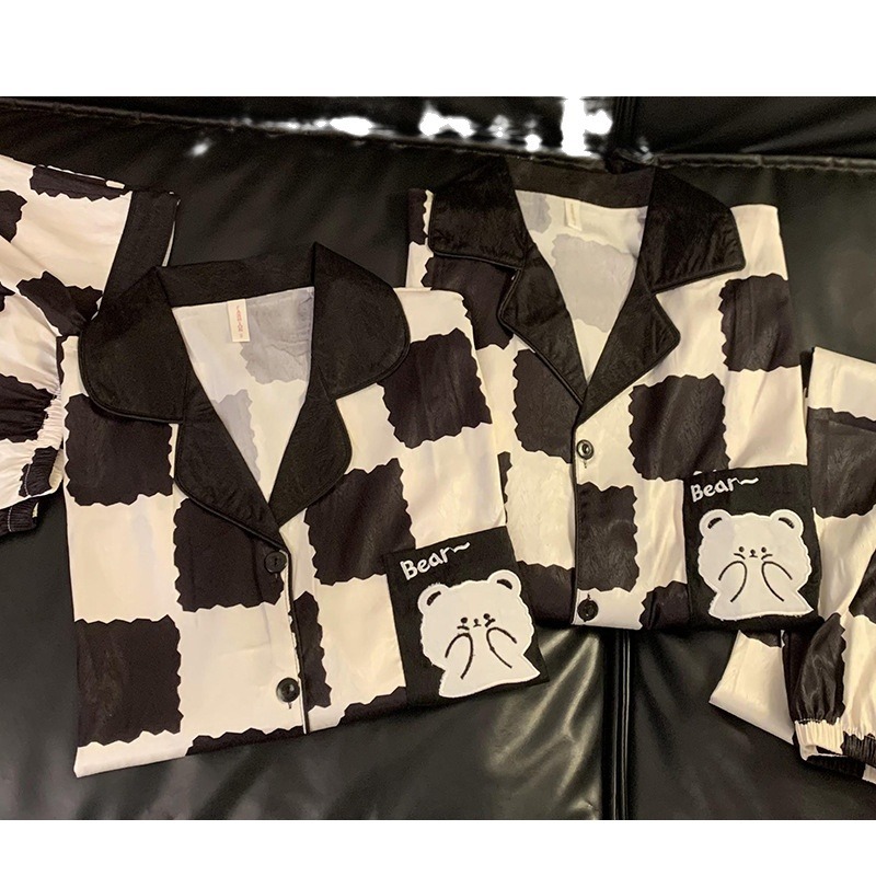 INS Plaid oso pareja pijamas primavera y otoño de seda de hielo de manga larga más el tamaño 200 Jin real de seda desgaste del hogar traje de invierno