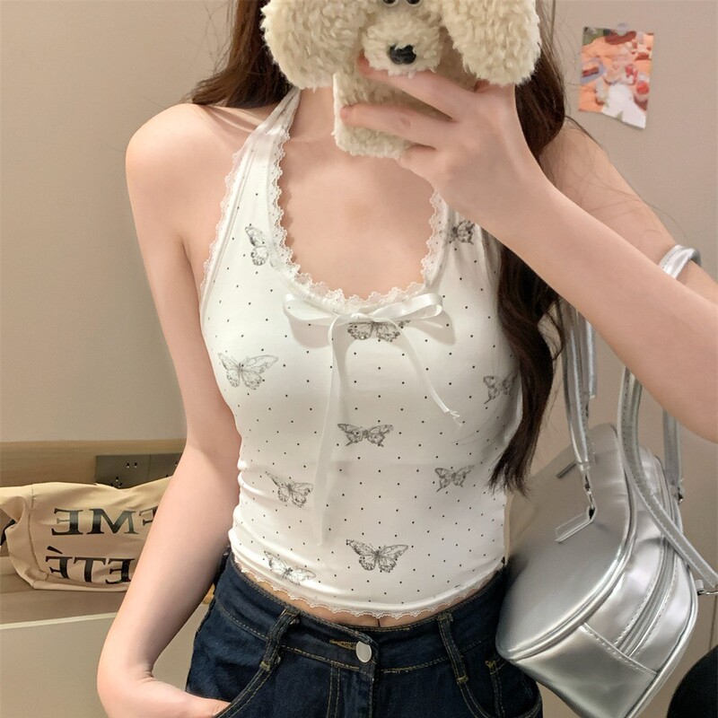6993# Sweet Spice Girl Lace Neck Vest Chun Xia Wants Backless Butterfly Print Short Tube Top