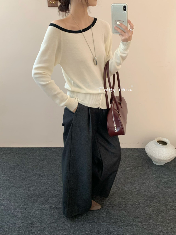 设计感条纹长袖针织衫2025秋新款法式时尚斜领露肩套头百搭女上衣|undefined