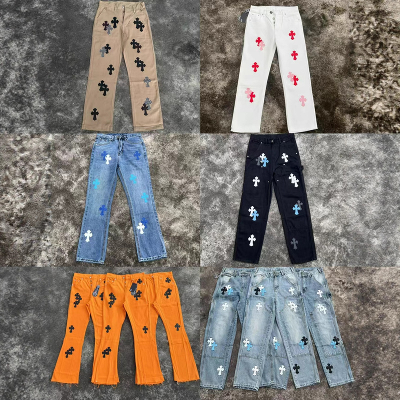 High Version Cross-Border Ch Crocs Horseshoe Leather Cross Trendy Brand Jeans in Stock Men's and Women's Same Style Pants
