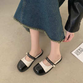 包头半拖鞋女外穿2024年夏季新款漆皮平底一脚蹬法式玛丽珍小皮鞋