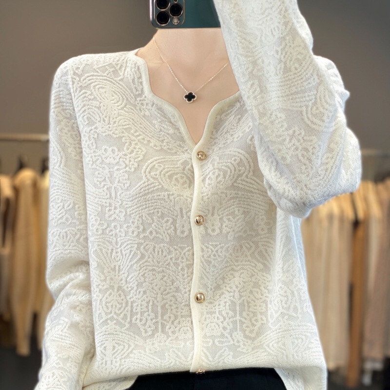 Heavy Dark Floral Chanel-Style Thin V-Neck Cardigan Sweater Early Autumn Beautiful White Fairy Long-Sleeve Jacket Top