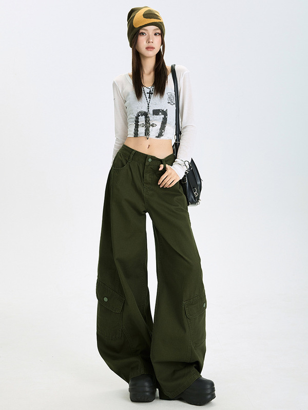 美式街头宽松阔腿裤女2025秋季慵懒风工装裤高腰休闲镰刀弯刀裤|undefined