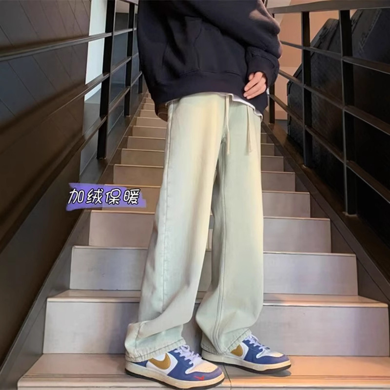 Cross-border explosions winter men's jeans South Korea fashion wool lining thick warm straight tube wash cotton wide leg jeans