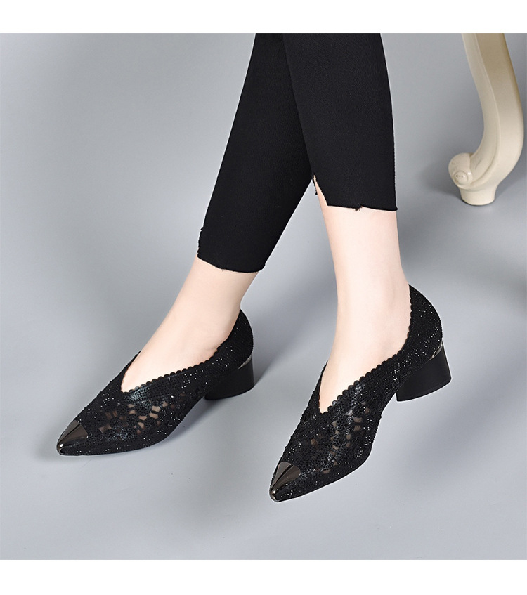 Giày sandal cao gót nữ đính đá lưới thoáng khí gót thấp — Màu đen chi tiết 5