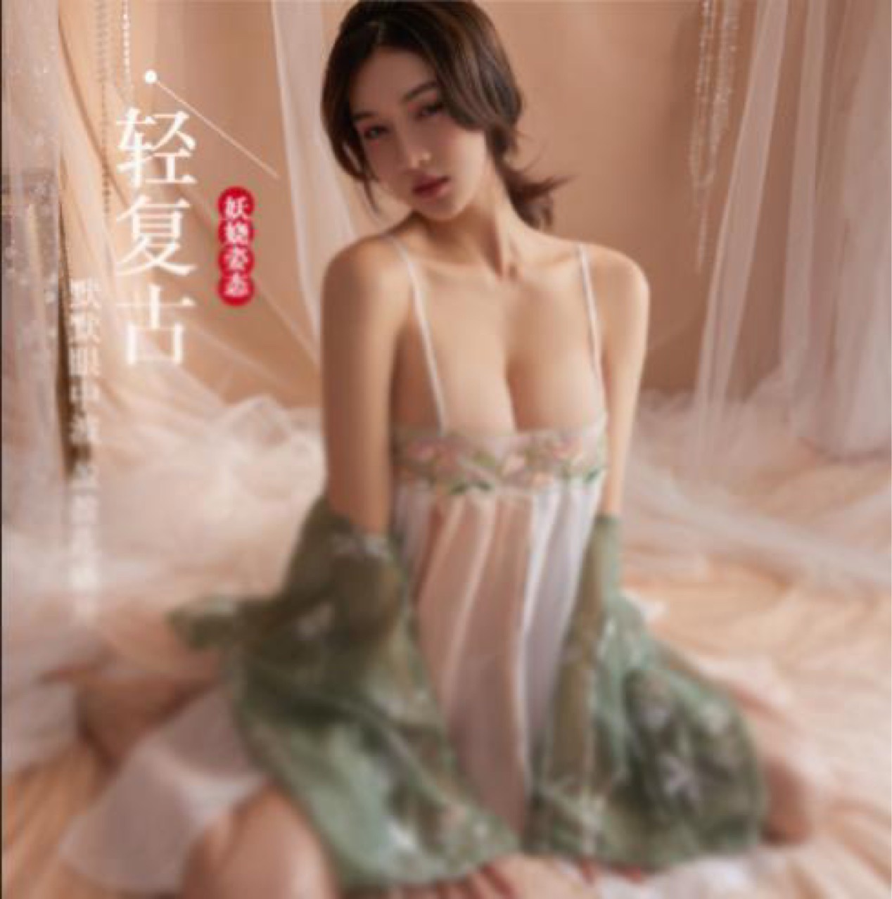 Chinese Republic-Era Hanfu Style Roleplay Lingerie Set with Embroidered Mesh Cape, Bandeau Top and Thong — detail image 1