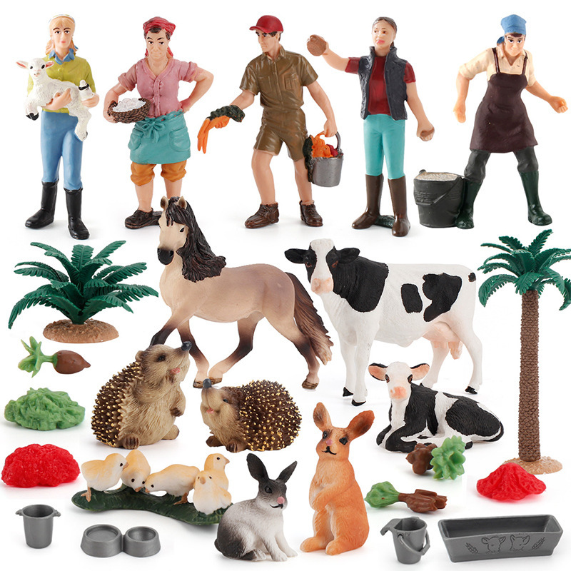 Simulación modelo de ganadería de aves de corral y animales estático sólido pastor de ovejas, caballos y cerdos combinación de trabajo conjunto de casa de perro y conejo