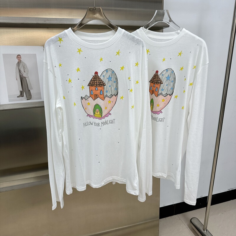 Korean-Style Designer Eggshell House Fun Youthful Rhinestone Thin Long-Sleeve T-Shirt for Women Ins Casual Sun Protection Cover-Up