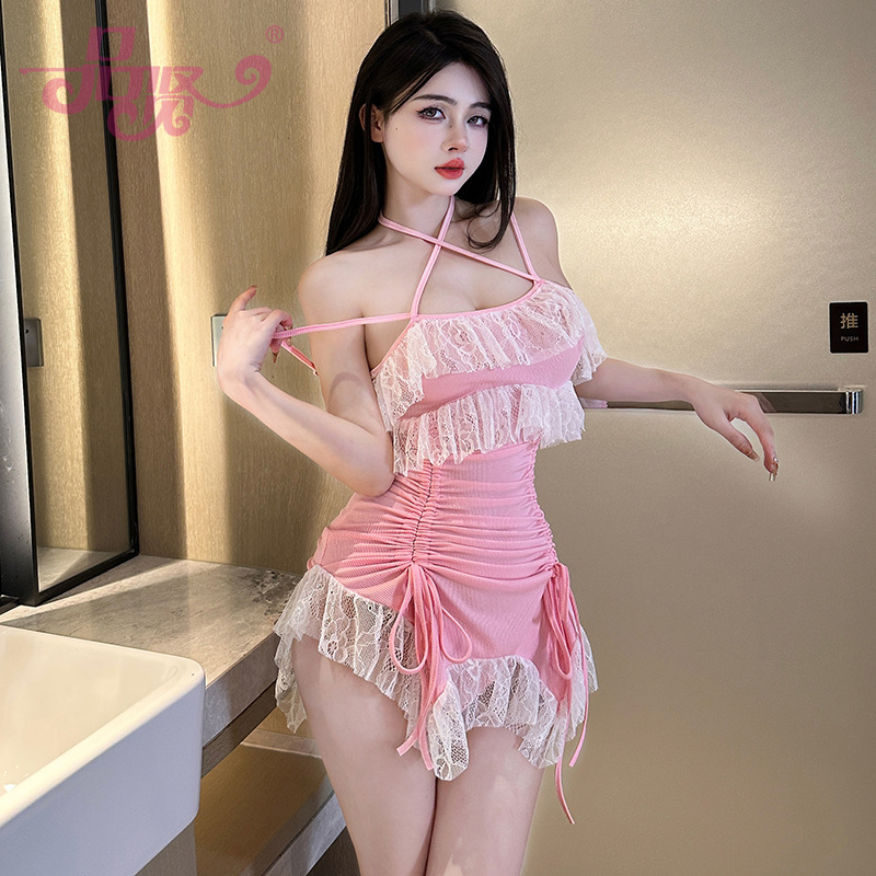 Pinxian 섹시한 란제리 하녀 등이없는 엉덩이 레이스 멜빵 스커트 잠옷 원피스 잠옷 유혹 2388