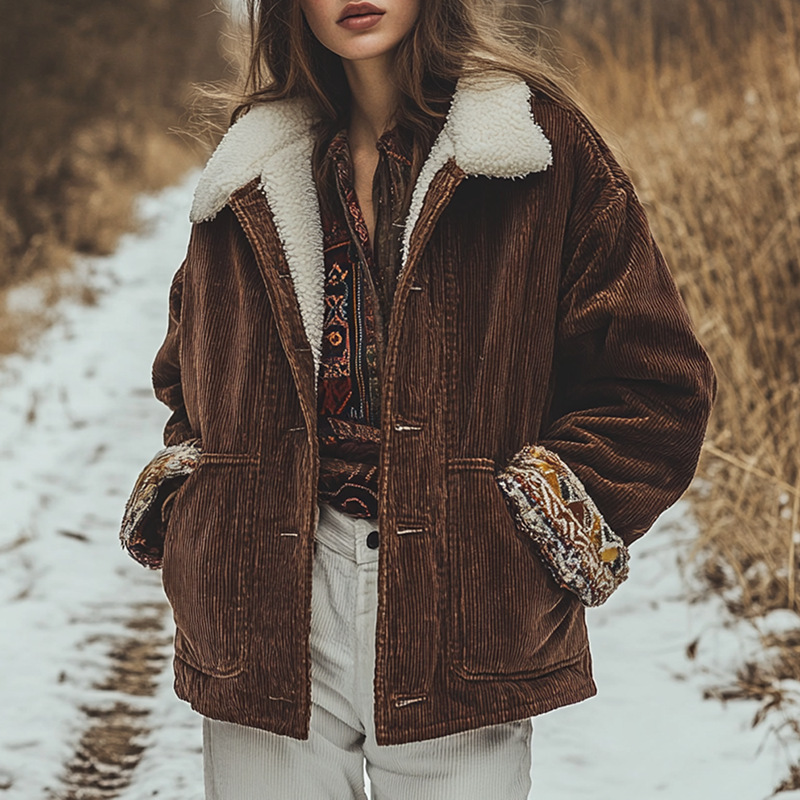 Women's Corduroy Loose Fit Casual Jacket With Fleece Lining - Warm Winter Coat For Everyday Comfort (Brown, S/M/L/Xl/Xxl)_voghion.com