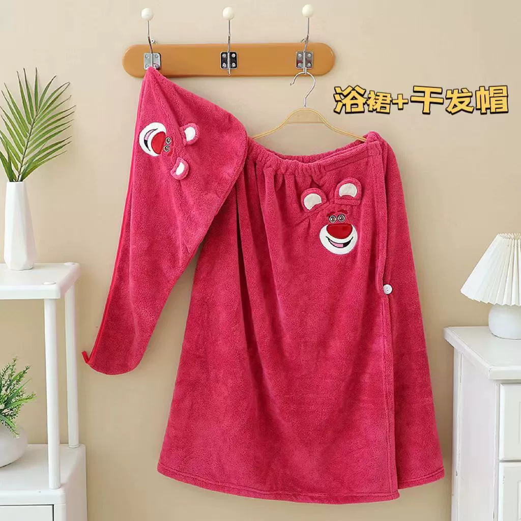 Набор банных полотенец, халат из Coral Velour и полотенце для волос, дизайн с клубничной мультяшкой, несколько вариантов