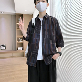 七分袖男士衬衫休闲条纹夏季冰丝薄款高级感夏装五分短袖修身衬衣
