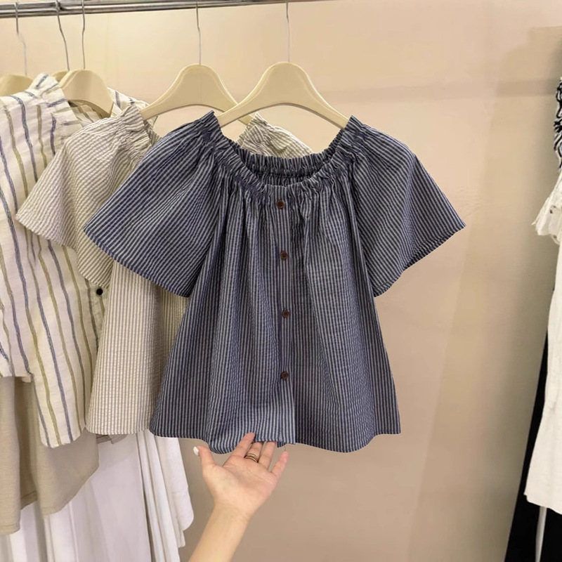 Korean Style Age-Reducing Ruffled Striped Short-Sleeve Shirt for Women, New Summer Design with a Unique and Cute Doll Top