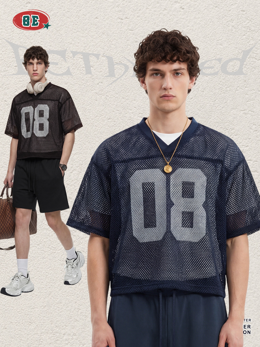 Be Hombres| Verano americano retro malla Boxy corto ancho plegable impresa camiseta de manga corta suelta chaqueta versátil hombre