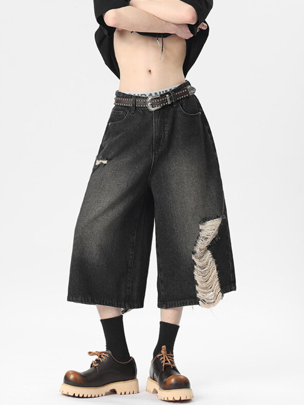 ダメージ加工風穴デニムクロップドパンツメンズ夏薄手ヴィンテージショートパンツアメリカンファッションブランド乞食パンツ|undefined