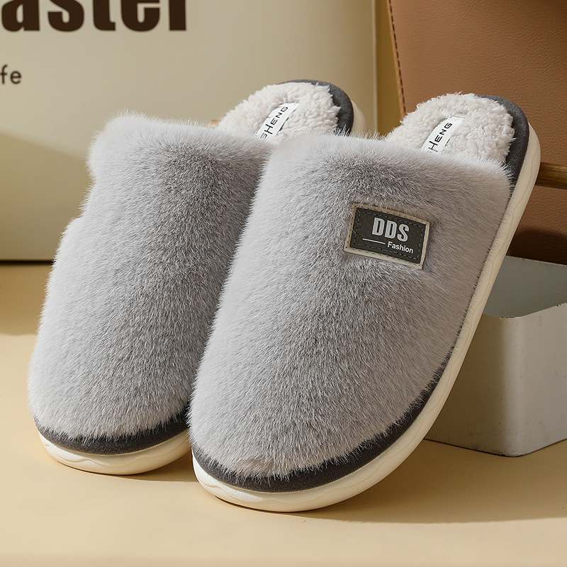 Zapatillas de algodón de felpa para el hogar de otoño e invierno, felpa con lazo de estilo nacional, fondo cómodo y suave, zapatillas cálidas de confinamiento para parejas, hombres y mujeres