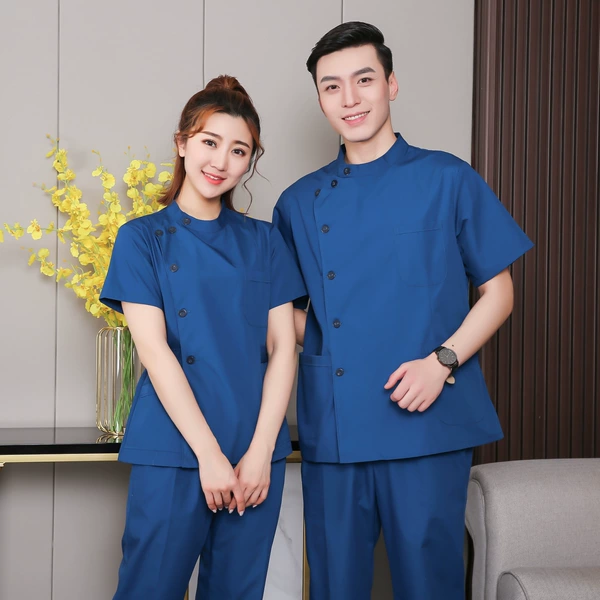 Peacock blue placket stand -up neck short -sleeved suit