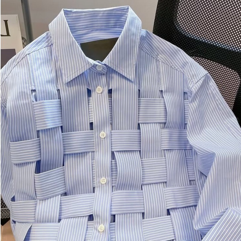 Striped Plaid Woven Shirt New Design Sense Niche Chic 2024 Spring and Autumn Long Sleeve Blue Men's Shirt