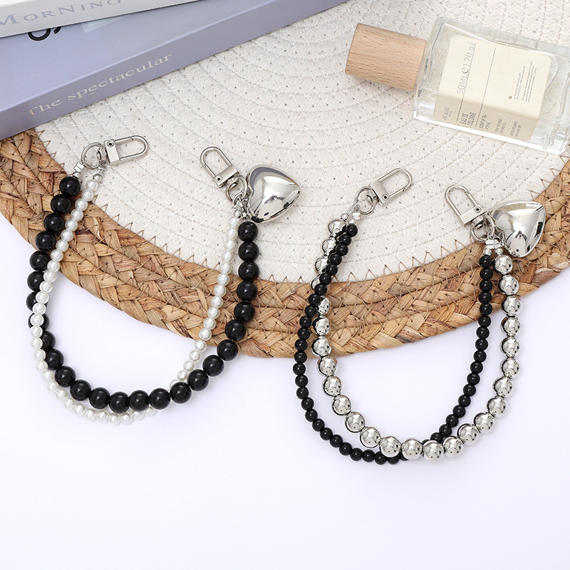 Korean Style New Pearl Beaded Mobile Phone Pendant Ins Cold Style Double Chain Handbag Hanging Accessories