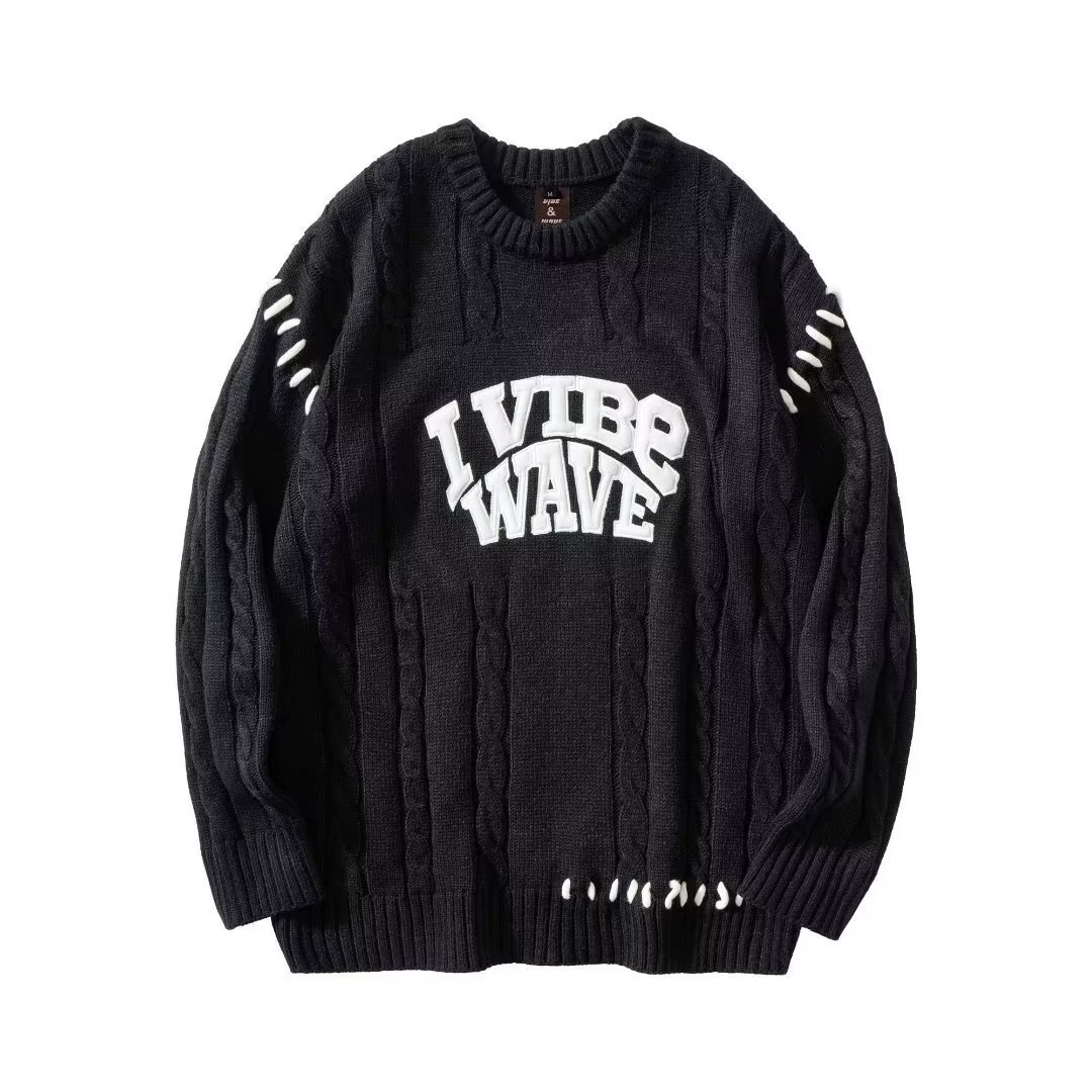 Tendencia de moda 2024 National Tide diseño original sentido alfabeto bordado correa torcido cuello redondo suelto suéter de nicho masculino