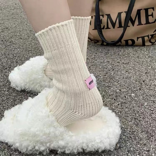 Autumn/Winter Trend Brand Pink Label Solid Color Thick Knit Double Needled Mid-Calf Socks for Men and Women Couple Sports Retro Bunchy Socks Cotton