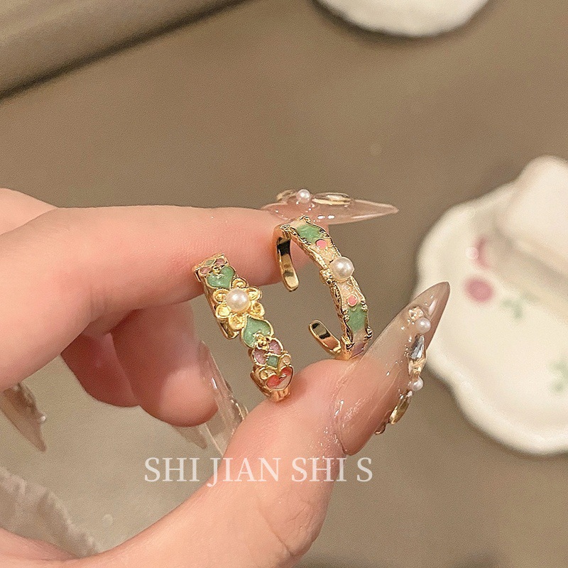 New Chinese Style Colorful Enamel Flower Opening Ring Women's Niche Design Sense Court Style Retro Elegant Finger Ring