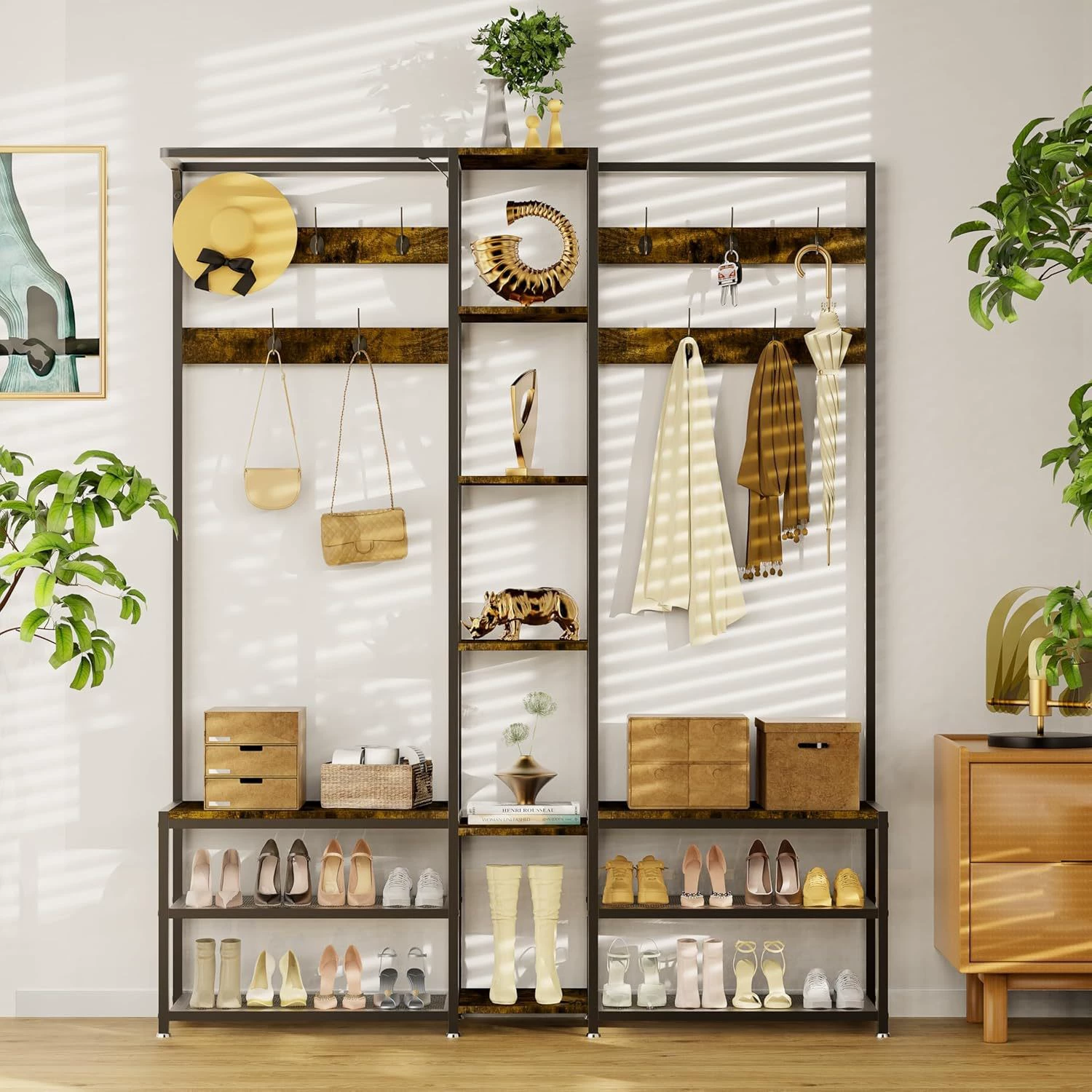 Напольная вешалка для одежды с крючками для обуви для прихожей, спальни, открытая полка для хранения.