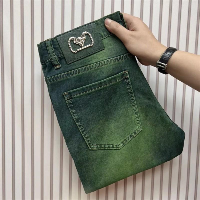 High-end European men's water ghost green luxury stretch jeans fashion brand slim-fit small feet handsome casual pants