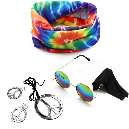 Accesorios de vestir hippies de la década de 1960, diadema de girasol, gafas redondas, conjunto de aretes de collar de talismán de paz