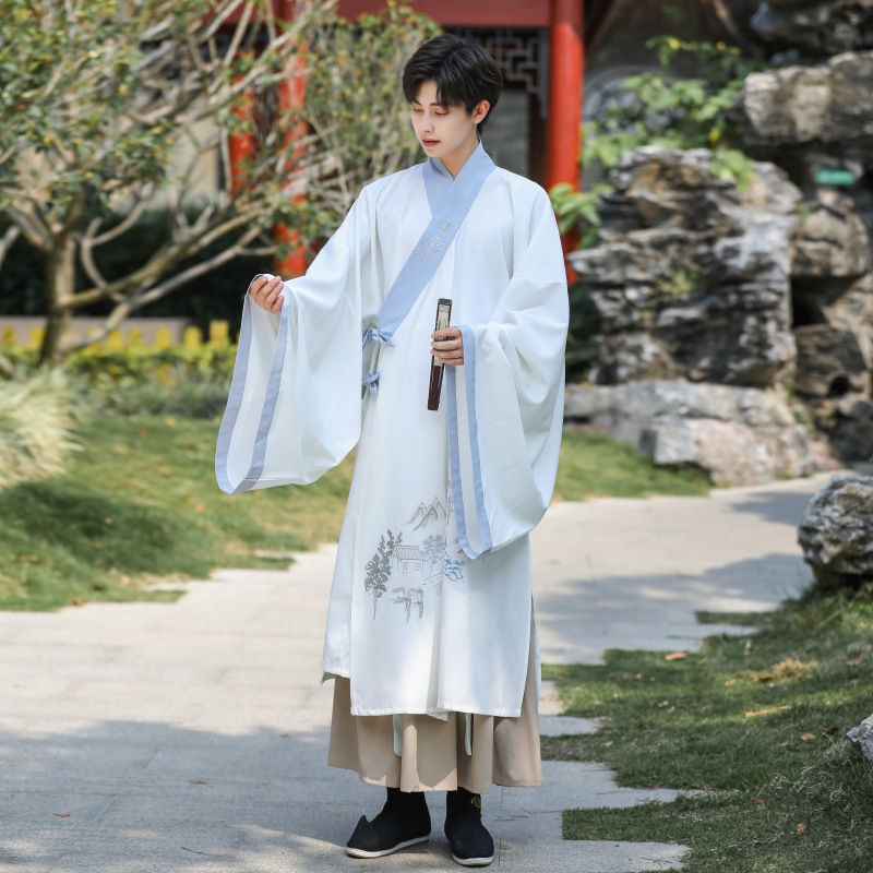 Antique White Fairy Style Long Robe Long-sleeved Hanfu Long Shirt Husbandman's Same Style Spring and Summer Chinese Style Zen Style Class Clothes for Men and Women