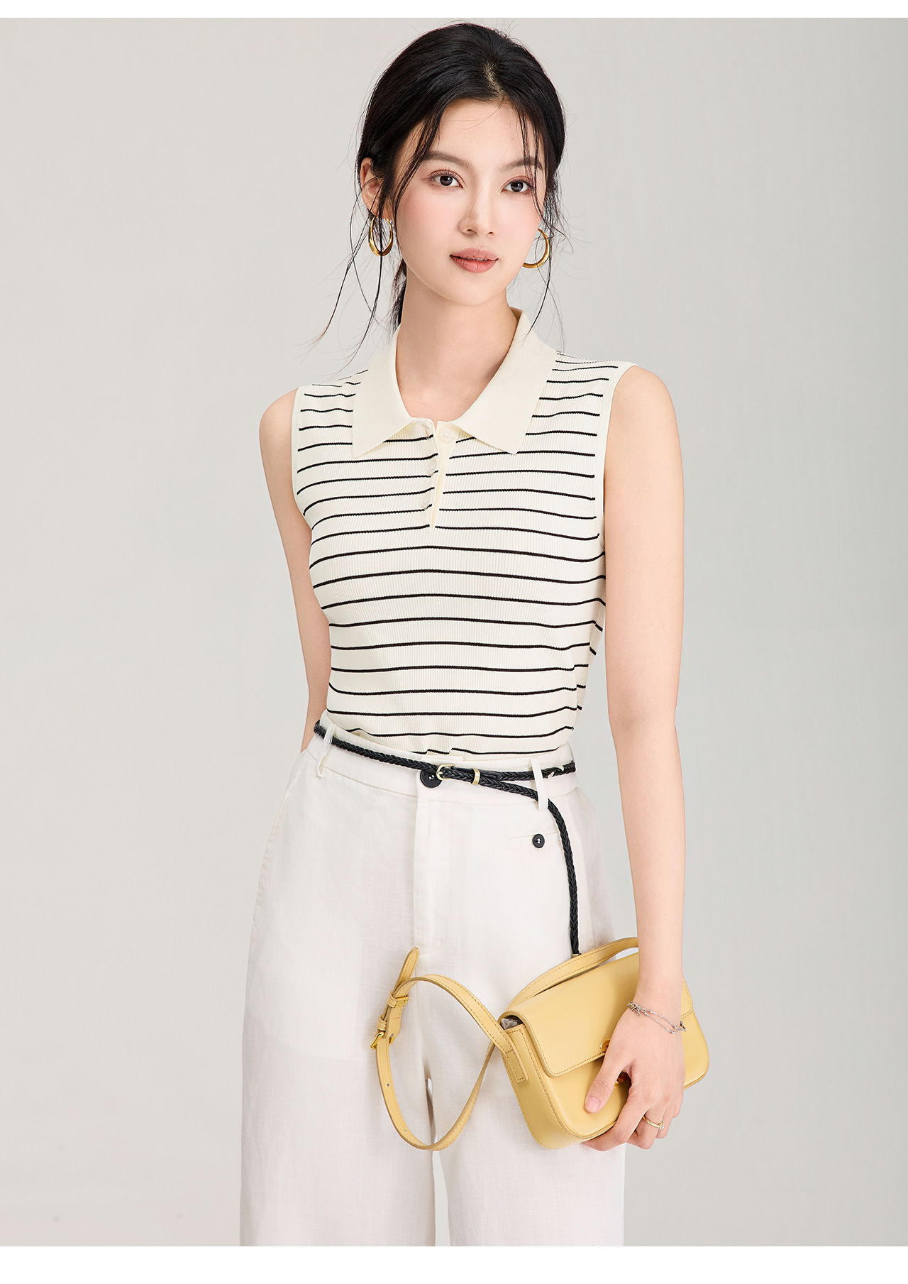 Áo vest dệt kim sợi tơ tằm cổ tròn tay ngắn mùa hè — màu đen chi tiết 15
