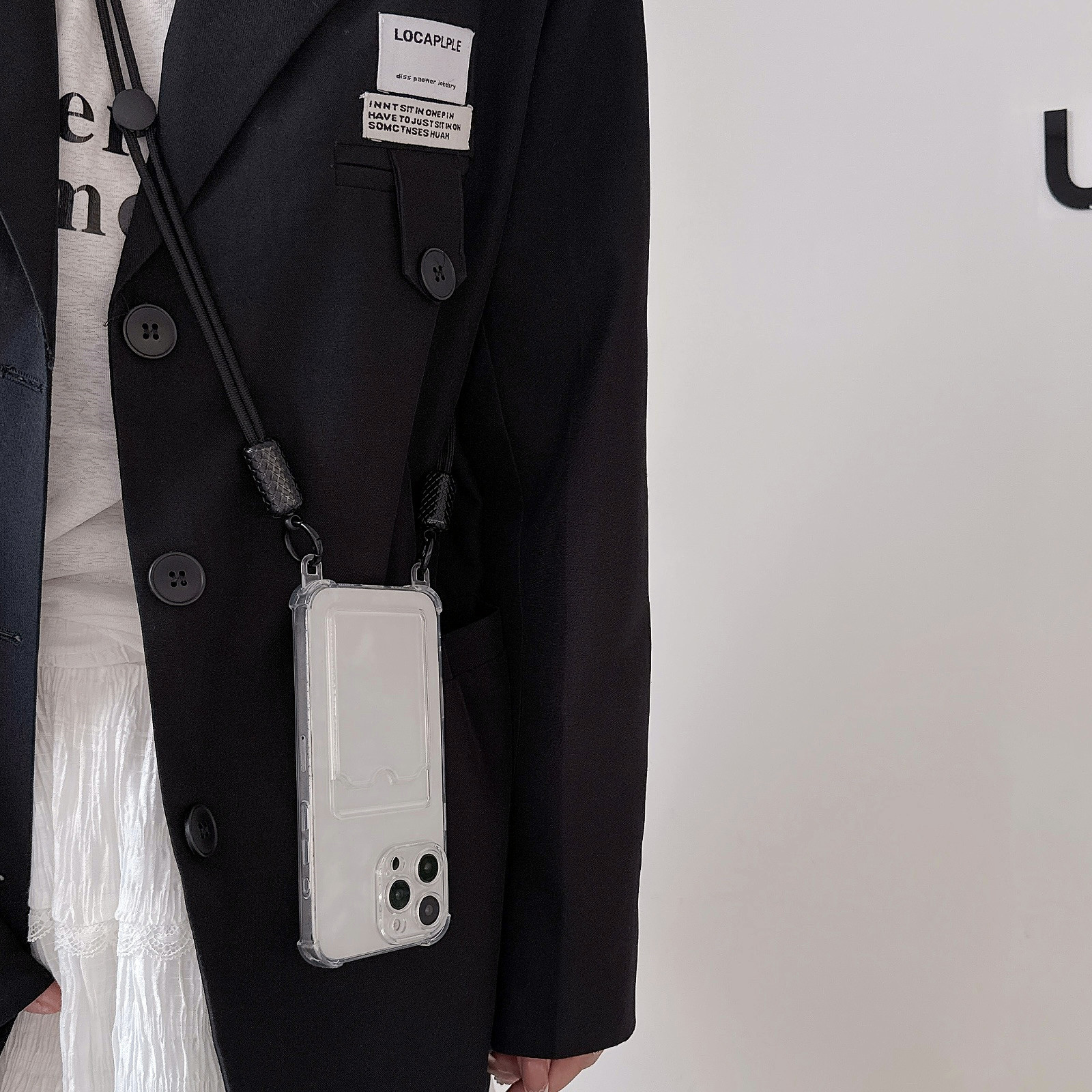 iPhone 15 için uygun, Apple iPhone 14 cep telefonu kılıfı ile uyumlu, şeffaf siyah kartlık, çapraz askılı kordon.