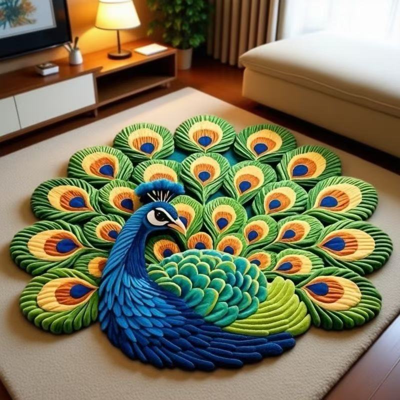 3D效果孔雀花卉圆形水晶绒印花地毯家用装饰客厅防滑易打理沙发毯|undefined