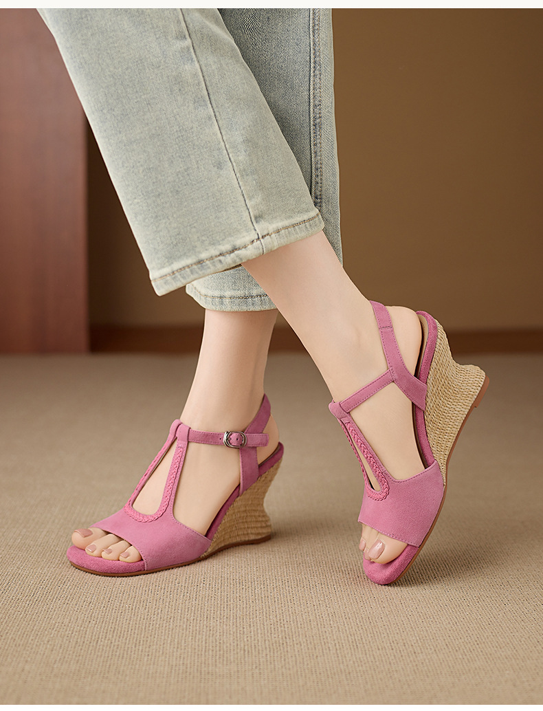 Sandal cao gót nữ hở mũi đế xuồng đan rơm, quai chữ T da lộn — Hồng, màu mơ chi tiết 10