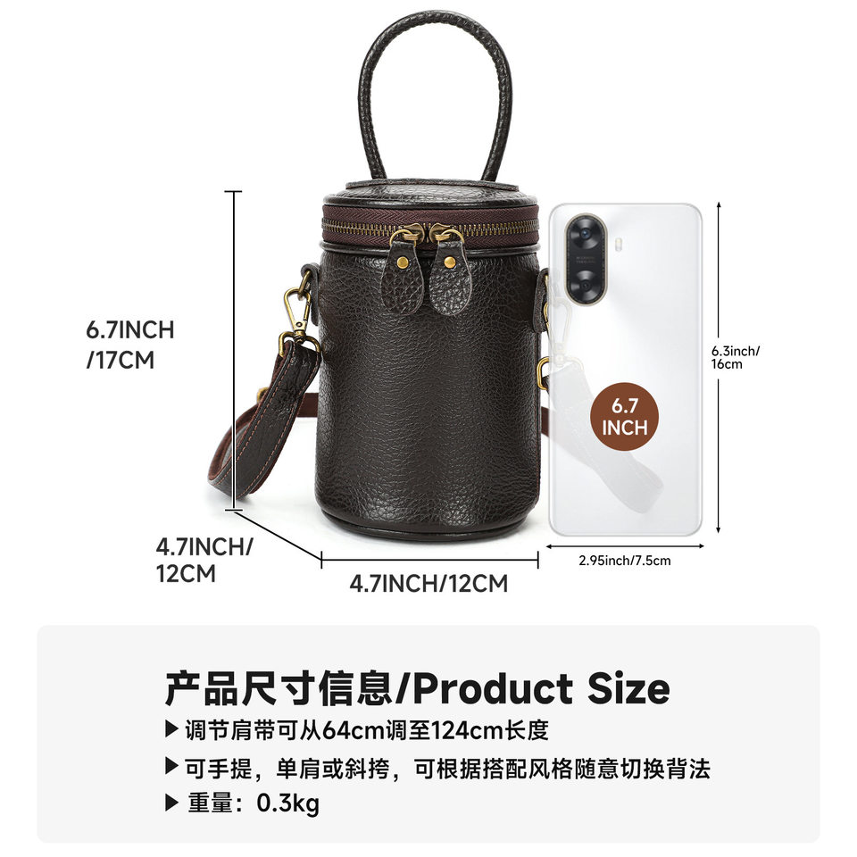 Túi xô tròn da thật nữ đeo vai xách tay đeo chéo phong cách retro cỡ trung — Cà phê, màu xám, màu đen